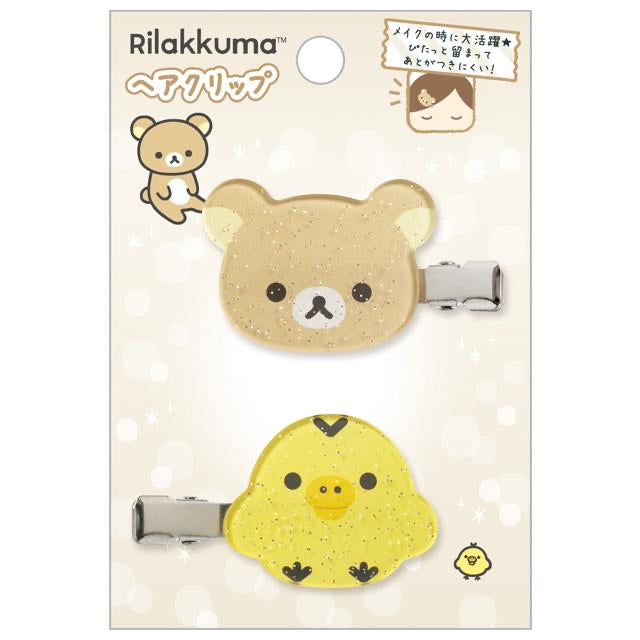 Rilakkuma轻松熊|2枚不同角色透明碎闪可爱发夹|2枚入|約H110×W75mm