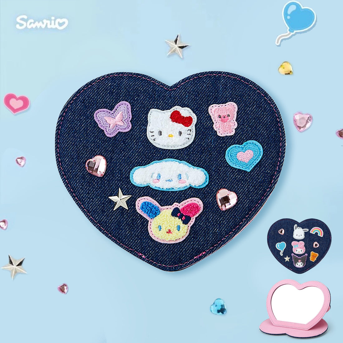 Sanrio三丽鸥|Folding Mirror/Denim Patch牛仔丹宁贴布系列爱心形折叠便携镜子|约17.0 x 14.2 x 3.0cm
