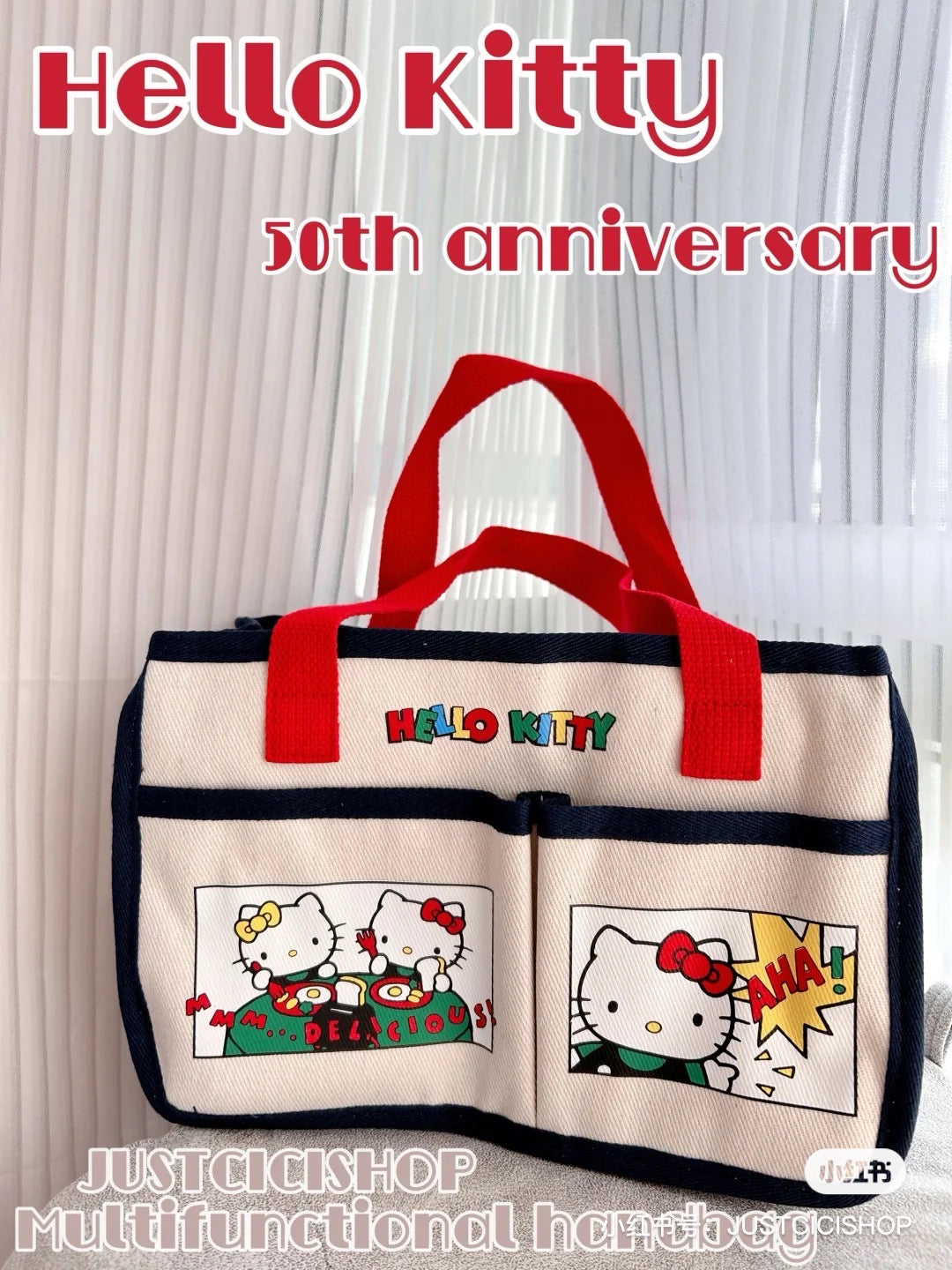 Hello kitty凯蒂猫|50周年限定kitty多口袋多功能厚质感托特包|约縦18.5?横28?マチ15cm