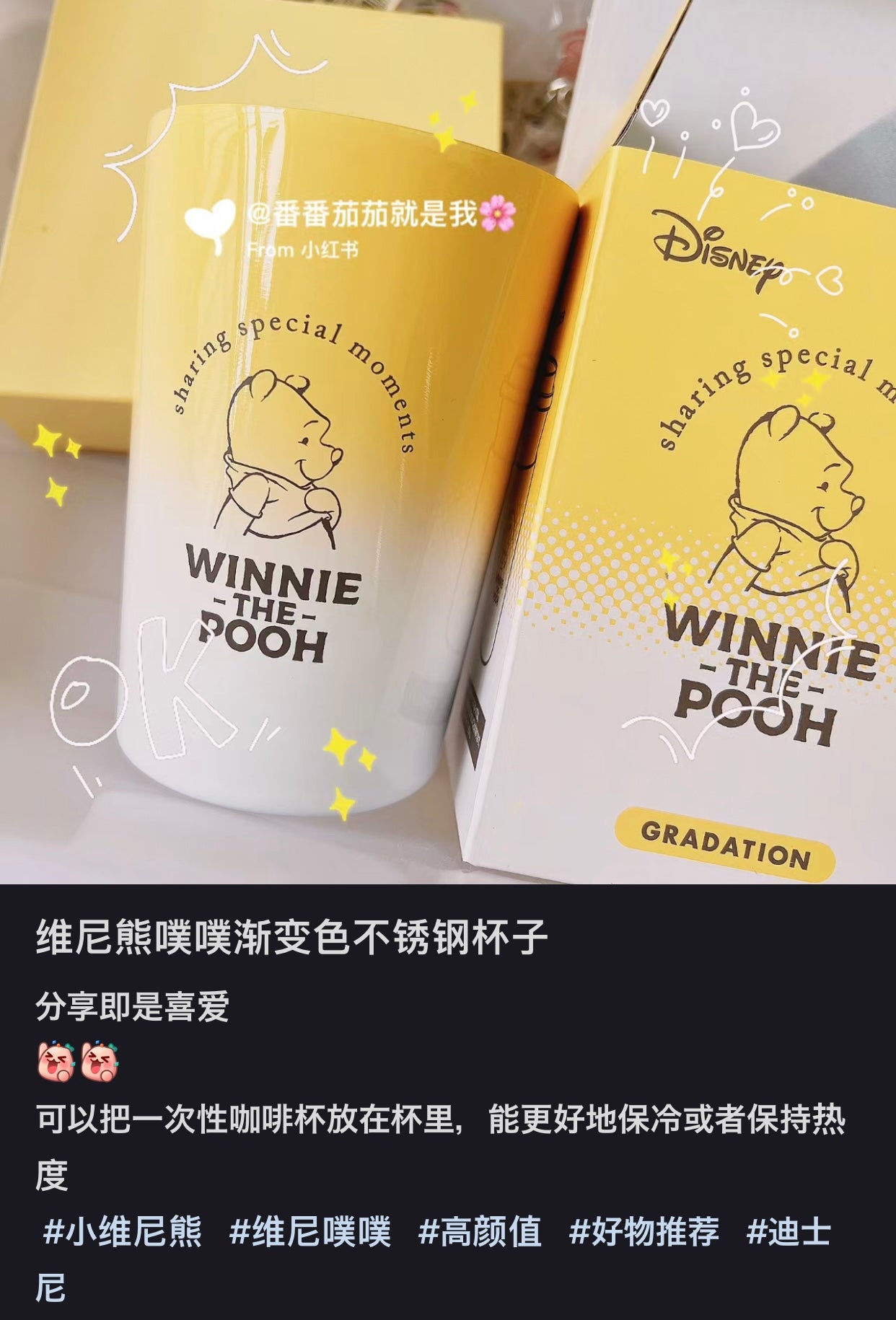 Disney|噗噗小熊维尼/winnie the pooh变色2用不锈钢保温杯/可直接喝/也可把一次性塑料杯放里面保温保冷|約460ml
