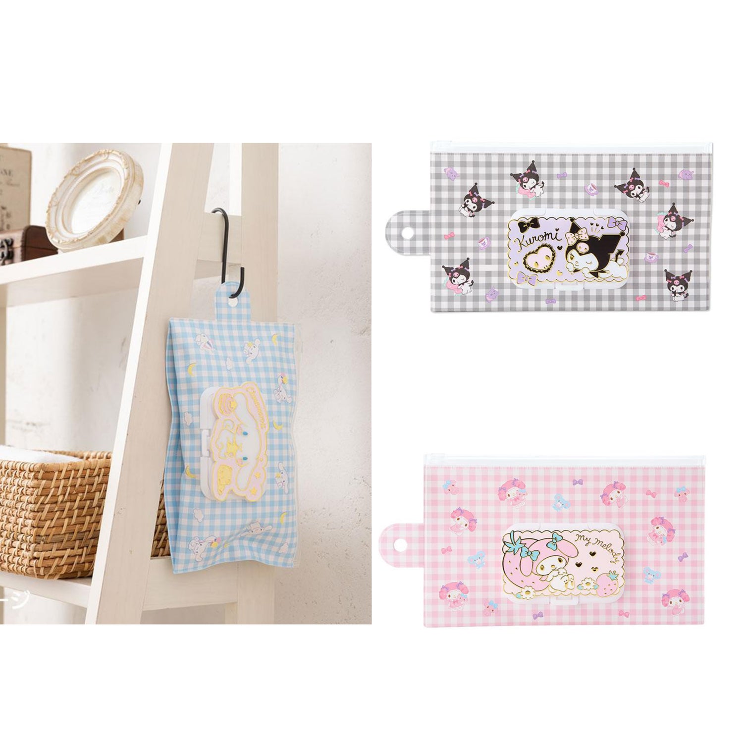 Sanrio|可爱格子防水收纳包/有纸巾位/可以方便直接抽取/可直接竖挂|约26.6×1×14cm