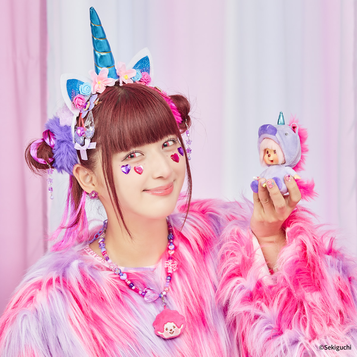 Monchhichi|Shinako475 x Monchhichi SS Big Face Keychain( Unicorn)|H14.5 x W7 x D10cm approx.