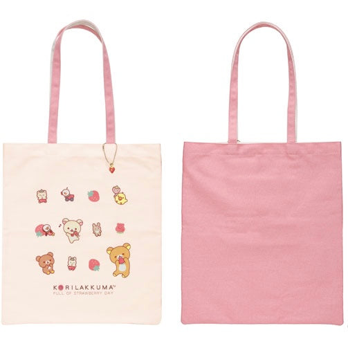 Rilakkuma轻松熊|草莓日系列帆布包/肩背包/草莓挂链/反面和肩带都是淡粉色|約400×350mm