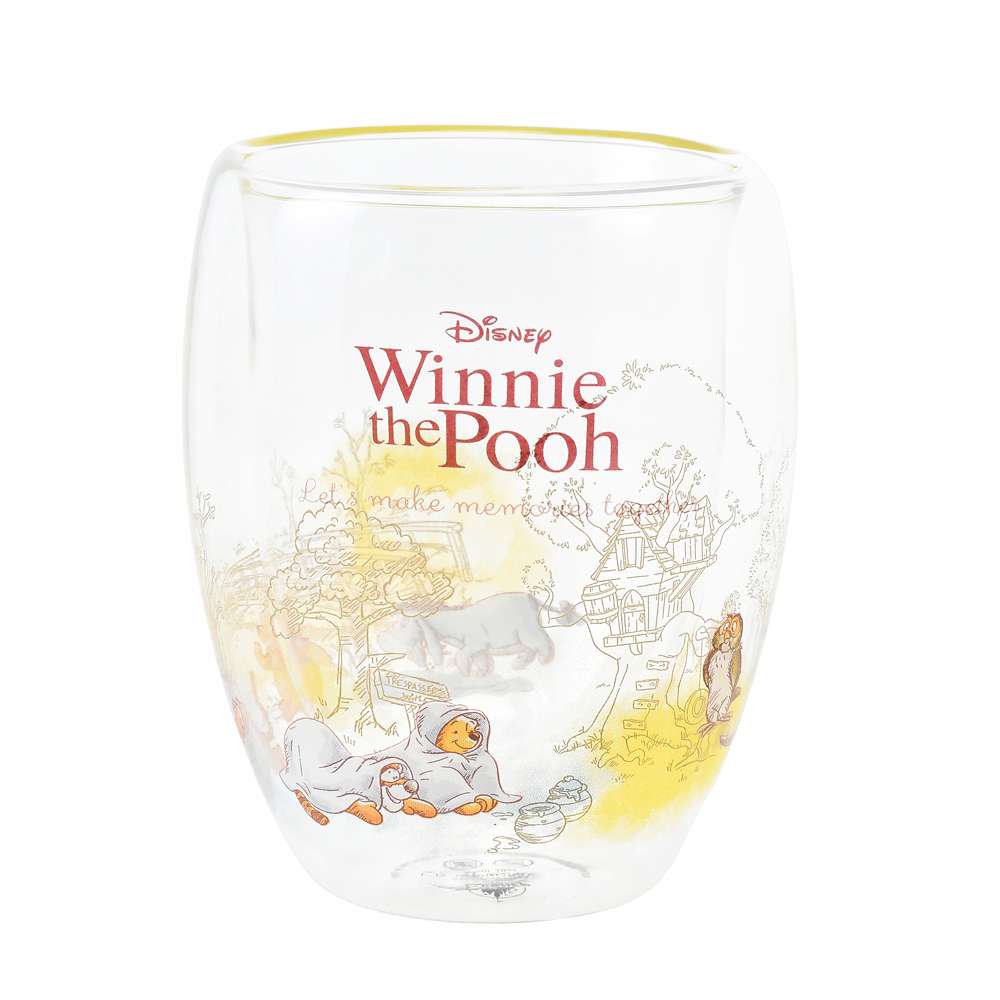 Disney|噗噗小熊维尼双层耐热玻璃杯+勺子礼盒装/杯子一圈的图案都很精美/金边杯口|高さ約13.7×幅10×奥行き10(cm)