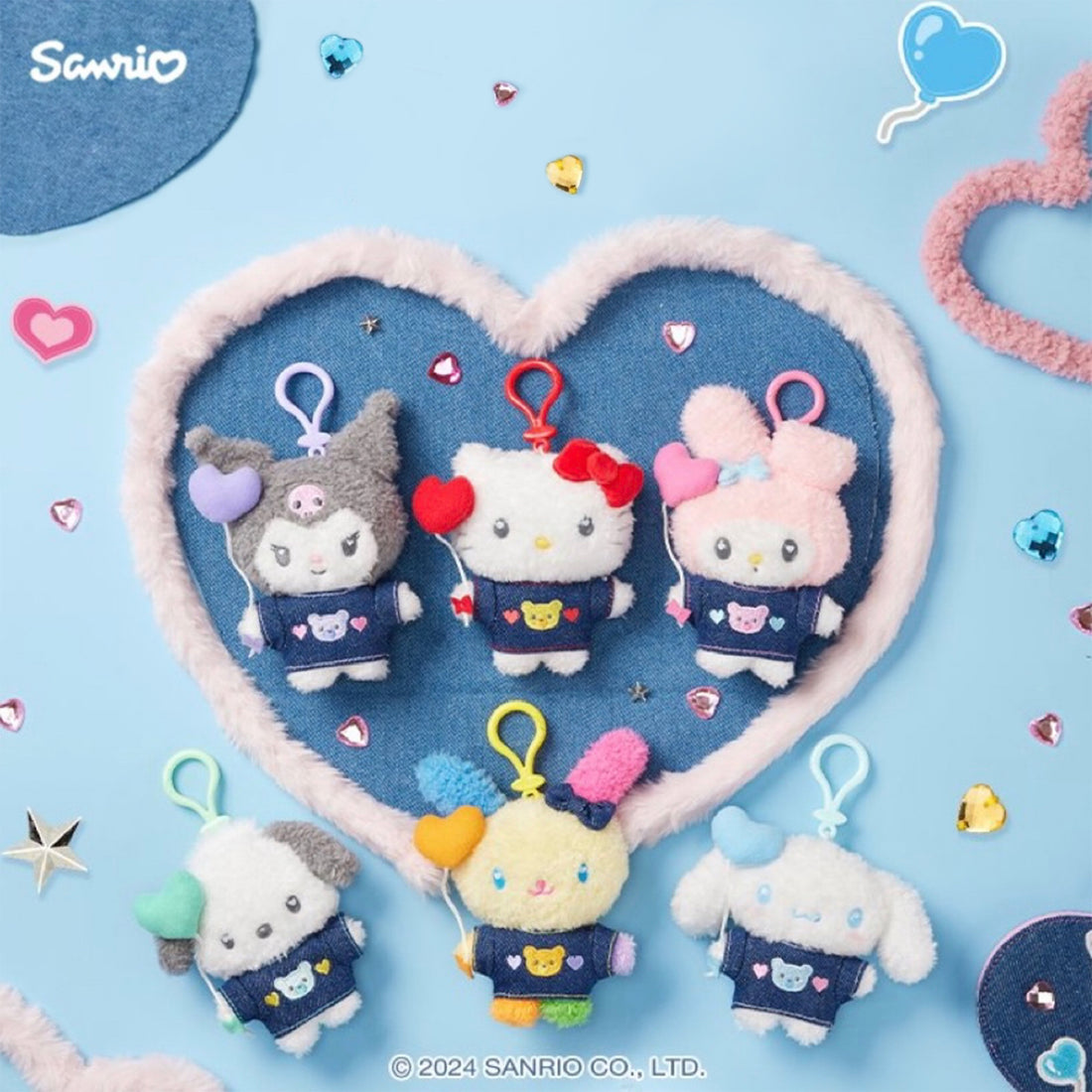 Sanrio三丽鸥|Mascot Holder Denim Patch Plush Keychain 牛仔丹宁贴布系列可爱角色毛绒挂件/包挂|约11.7 x 10.2 x 4.5cm