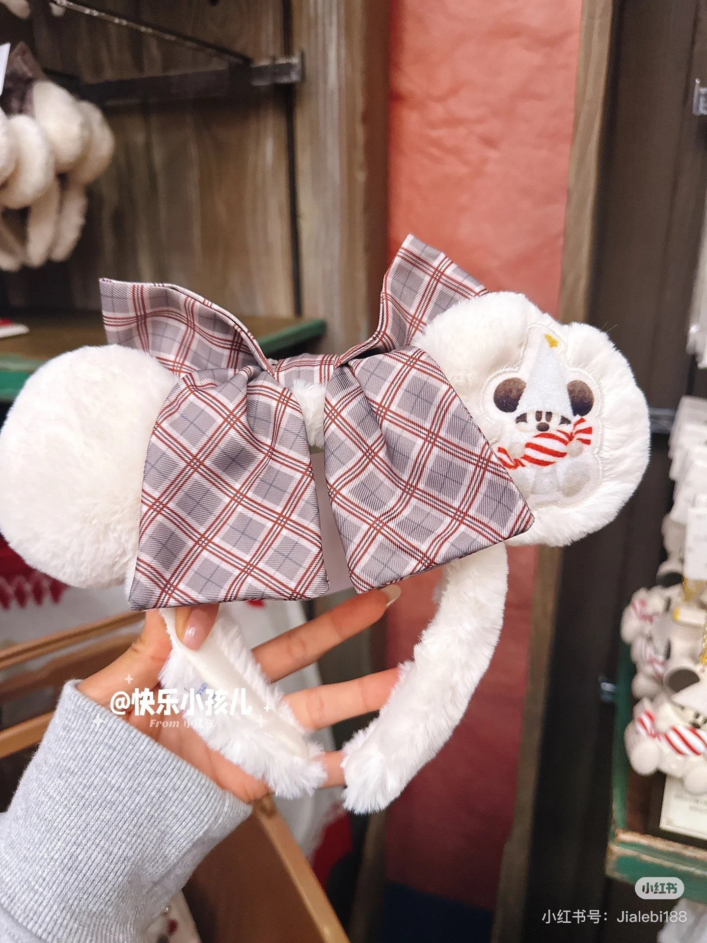 Disney迪士尼 |Merry Lil RingRing Mickey东迪2024圣诞精灵妖精米奇系列格纹蝴蝶结发箍/背面耳朵有米奇