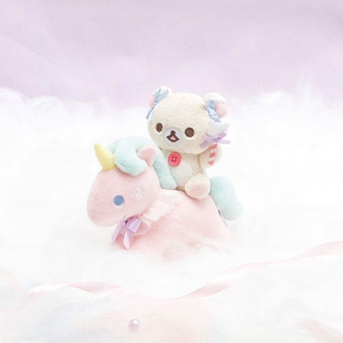 Rilakkuma轻松熊|Osorano Kururin Wataame - Scene Plush Toy San-X天空白云棉花糖系列骑马毛绒摆件套组|約130×145×50mm