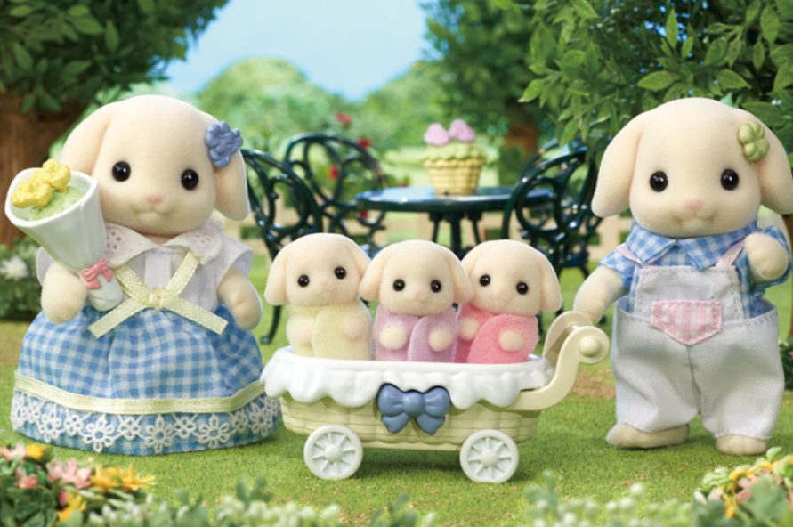 SylvanianFamilies森贝儿家族|Flora Rabbit Family芙罗拉垂耳兔家族一家五口三胞胎套组/玩具/过家家5735