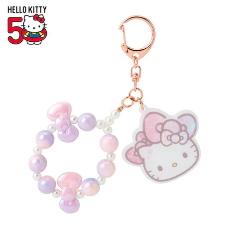 HelloKitty凯蒂猫|Keychain Key Holder Birthday 50th Fashionable Ribbons Sanrio50周年生日限定彩虹渐变偏光色蝴蝶结串珠+珍珠贝母脸型吊饰钥匙扣/挂件|约W7×D0.5×H7cm