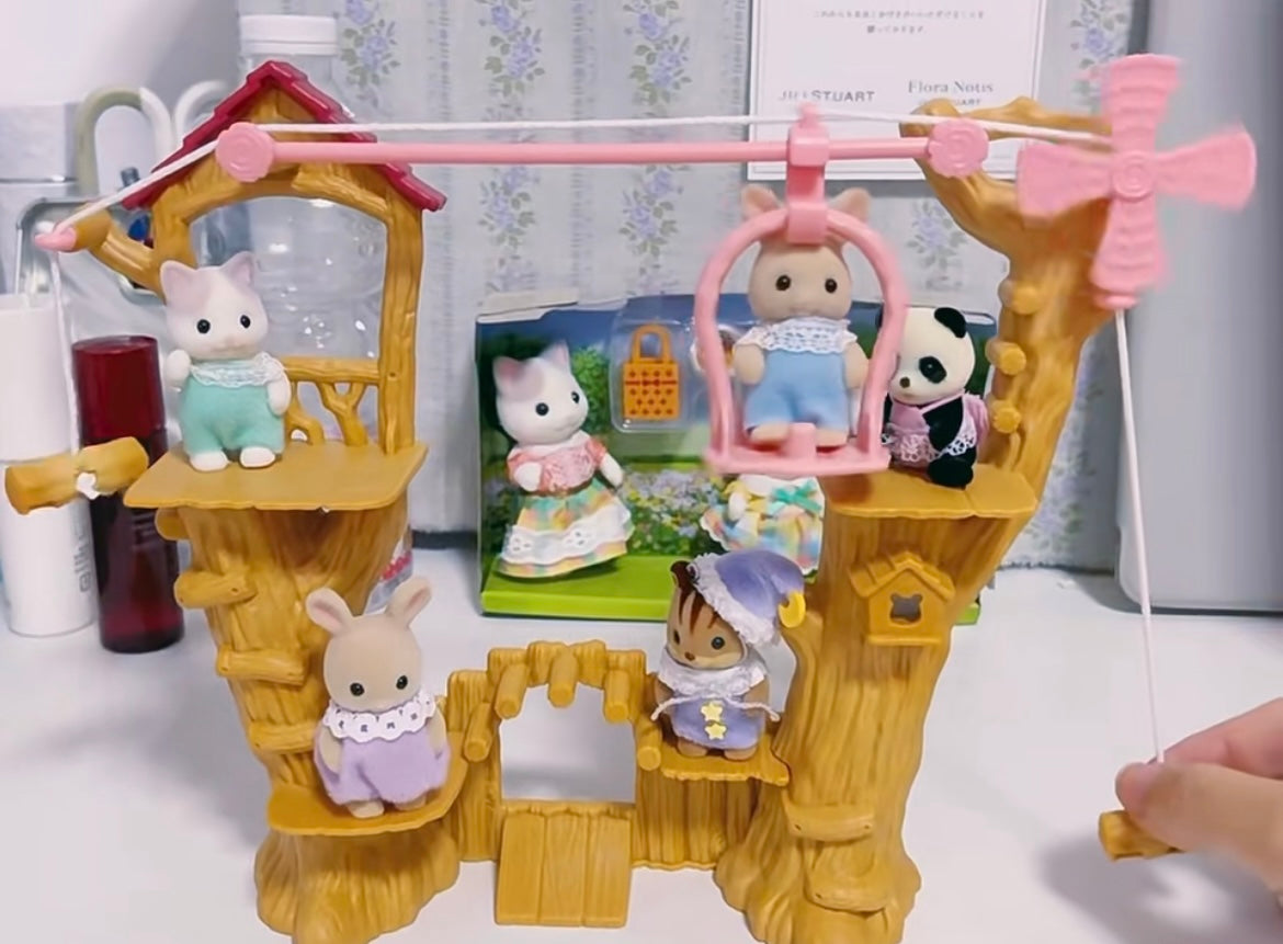 SylvanianFamilies森贝儿家族|Baby Rope Park-Milk Rabbit Baby探险系列会转动的树屋缆车+牛奶兔宝宝套组/玩具/过家家5452