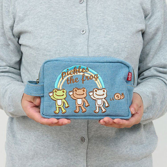 Pickles Frog泡菜蛙|EDWIN Square Pouch Crayon Touch水洗蓝大容量精致刺绣手提化妆包/收纳包|约H12×W19×D5cm