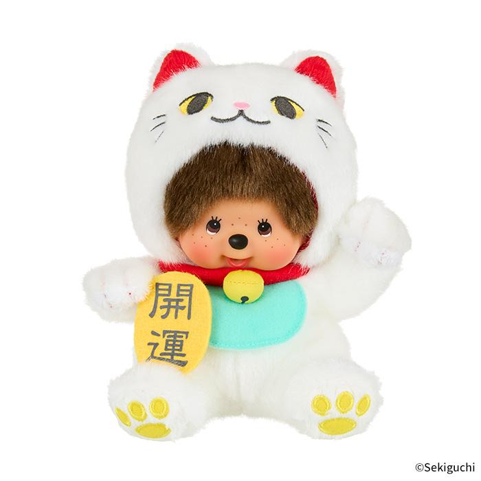 Monchhichi|White Maneki Neko Lucky Cat Costume Monkey Doll Toy|H18×W18×D11cm approx.
