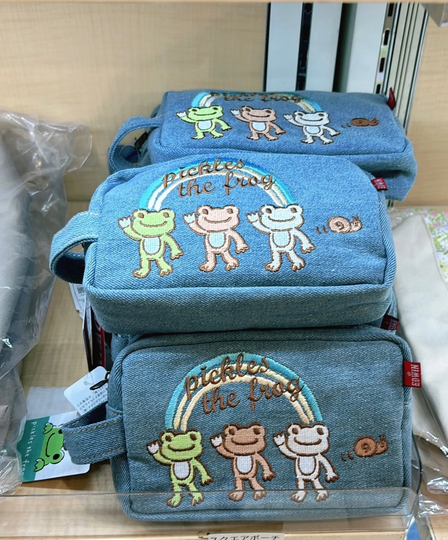 Pickles Frog泡菜蛙|EDWIN Square Pouch Crayon Touch水洗蓝大容量精致刺绣手提化妆包/收纳包|约H12×W19×D5cm