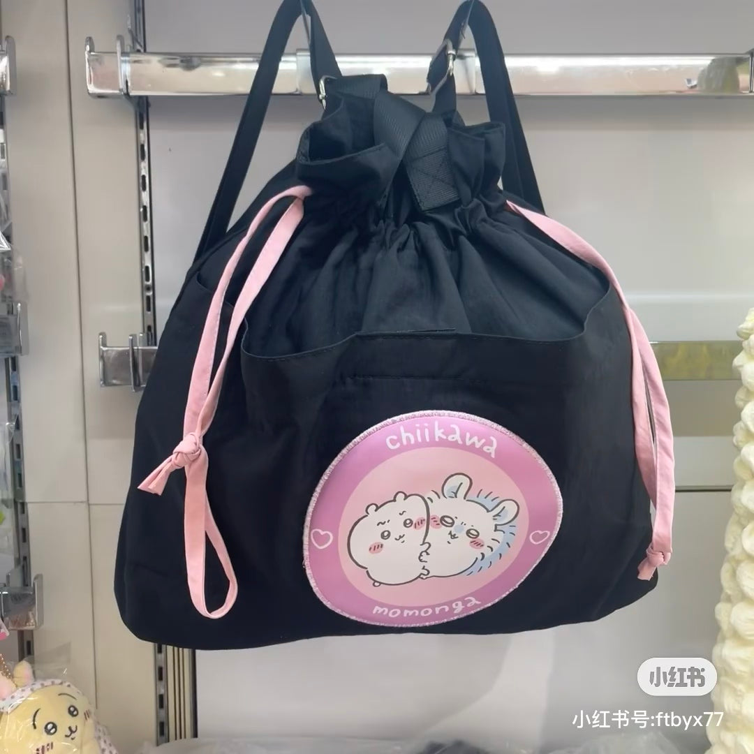 Chiikawa 吉伊卡哇|黑色双肩单间两用抽绳束口包/背包|约H370 x W410 x D130mm