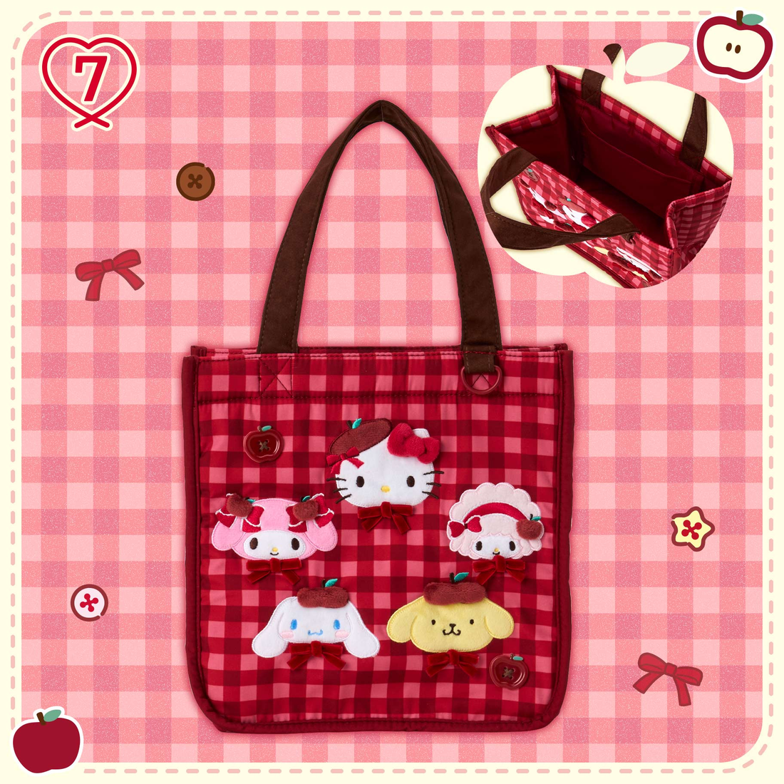 Sanrio|Autumn Apple Gingham Red Tote Bag|25×13×24cm approx.