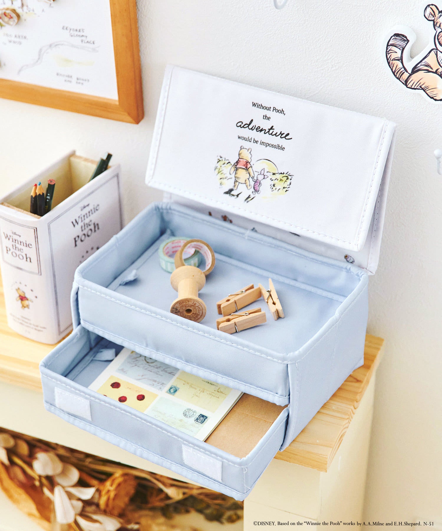 Disney|winnie the pooh噗噗双层收纳盒/收纳箱/可折叠|約幅23×奥行15×高さ12cm