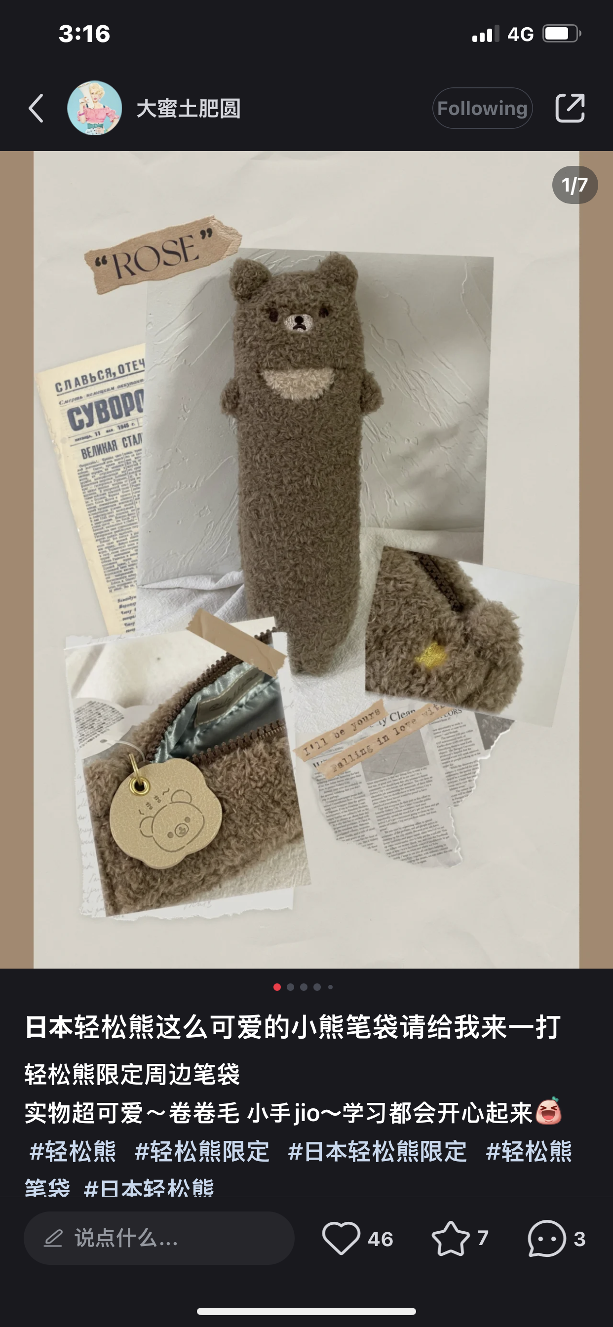 Rilakkuma轻松熊|毛茸茸可爱笔袋/拉链头是小熊|约L200mmxD50mm