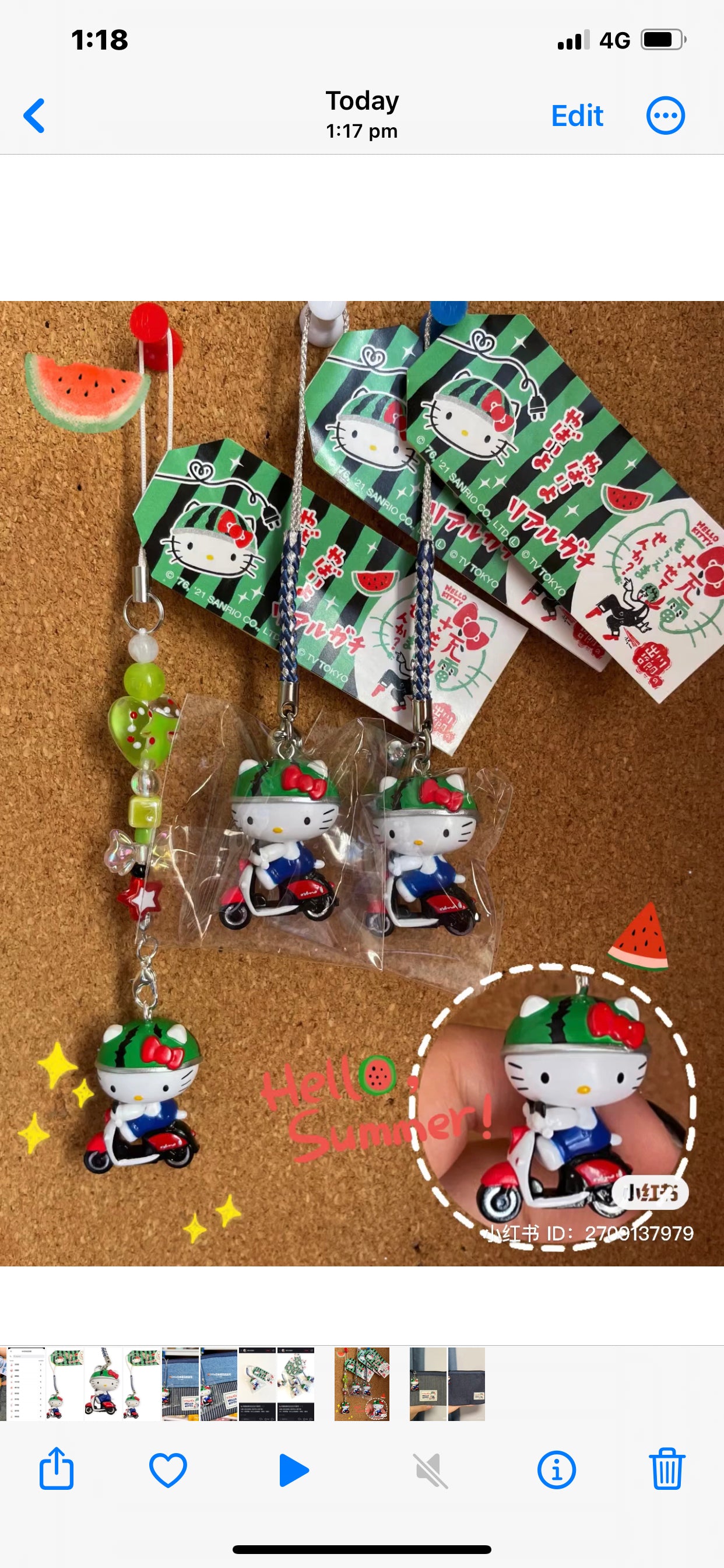Hello kitty凯蒂猫｜限定西瓜头盔机车/骑电驴的小kitty铃铛挂绳/挂链/挂坠/挂件｜H120×W26×D20mm