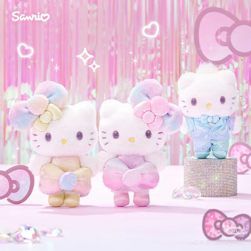 HelloKitty凯蒂猫｜Birthday 50th The Fashionable Ribbons Sanrio 50周年生日限定丝绒彩虹渐变蝴蝶结毛绒玩偶挂件/包挂/眼睛里有星辰｜约幅12×奥行5×高さ16cm