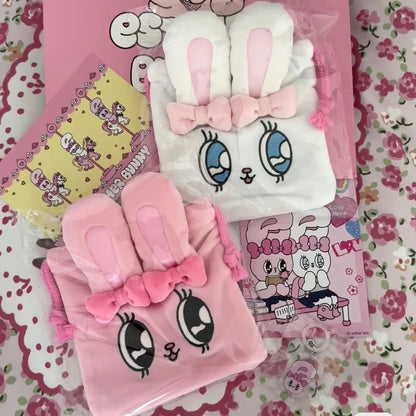 EstherBunny艾丝乐小兔｜奶油兔脸型束口袋/巾着包/收纳袋/内里有也有兔兔图案｜约H150xW130mm