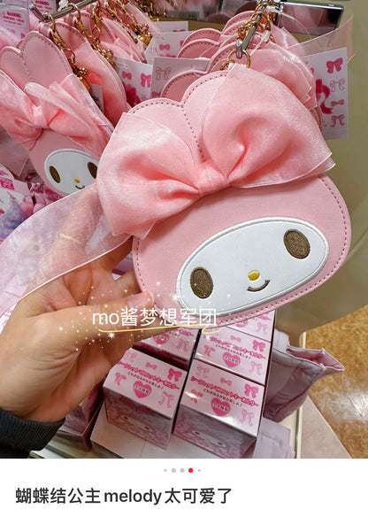 Sanrio三丽鸥｜My Melody Birthday 50th Anniversary Princess Ribbon Pass Case美乐蒂50周年生日粉桃甜心系列脸型可伸缩皮质感卡包/包挂｜约1.6 x 14.5 x 13.0cm