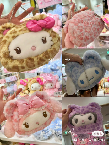 Sanrio三丽鸥｜ Original Face-shaped 2way Pochette / Leopard Bear豹纹熊系列脸型毛绒链条斜挎包｜约19×6×15cm