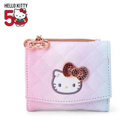 HelloKitty凯蒂猫｜ Mini Wallet Birthday 50th The Fashionable Ribbons Sanrio50周年生日限定PU皮质感水钻蝴蝶结彩虹渐变菱格纹迷你零钱包/卡包/蝴蝶结拉链头｜约W9.8×D2×H8cm