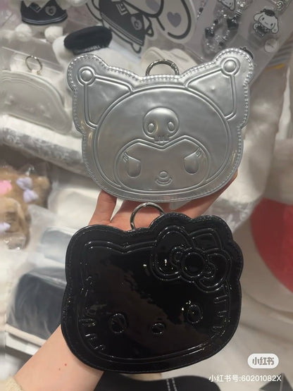 Sanrio三丽鸥｜ Face-shaped Pouch Monotone黑白印象千鸟格系列可爱角色爱心拉链脸型皮质感零钱包挂件/包挂/里面也有可爱图案｜约14.5×4×12.7cm