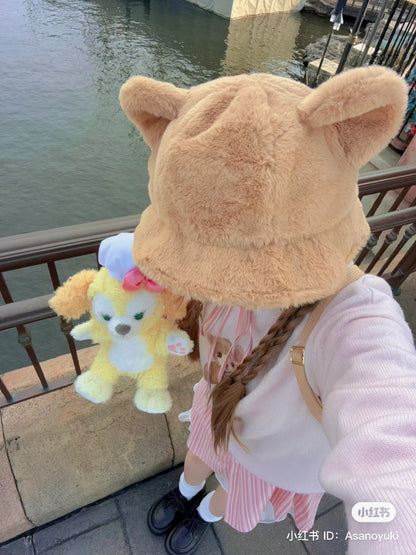 Disney｜duffy达菲限定毛茸茸奶茶色耳朵渔夫帽/反面更可爱/还有小尾巴