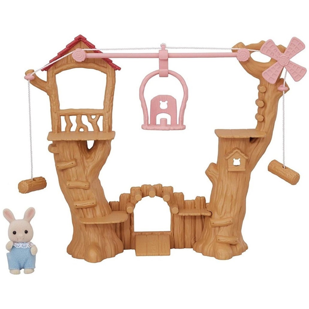 SylvanianFamilies森贝儿家族｜Baby Rope Park-Milk Rabbit Baby探险系列会转动的树屋缆车+牛奶兔宝宝套组/玩具/过家家5452