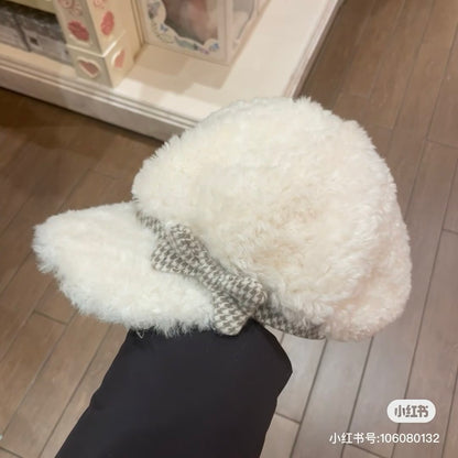 Disney SH｜侦探贝儿千鸟格羊羔绒蝴蝶结贝雷帽｜头围57cm