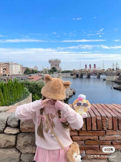 Disney｜duffy达菲限定毛茸茸奶茶色耳朵渔夫帽/反面更可爱/还有小尾巴