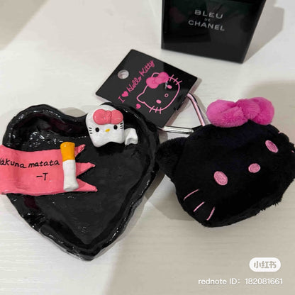 Sanrio三丽鸥｜Plush Pouch Kao Black Sanrio I Love Hello Kitty/keychain｜W8×D3.5×H7cm