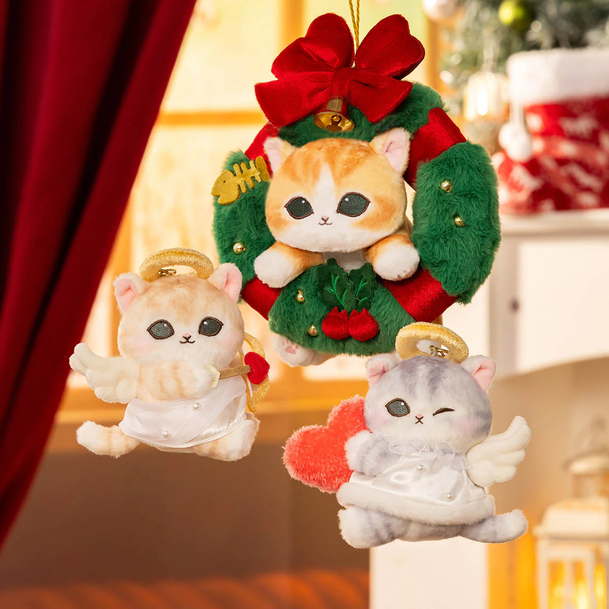 【limit 1】Mofusand Christmas Wreath Cat with Bell Mascot Holder /Plush Keychain｜260×200×240mm approx.