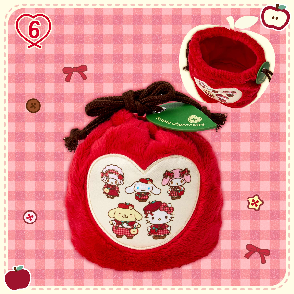 Sanrio｜Autumn Apple Gingham Red Plush Drawstring Bag｜18×9.5×15cm approx.