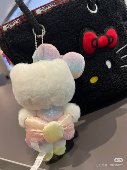 HelloKitty凯蒂猫｜Birthday 50th The Fashionable Ribbons Sanrio 50周年生日限定丝绒彩虹渐变蝴蝶结毛绒玩偶挂件/包挂/眼睛里有星辰｜约幅12×奥行5×高さ16cm