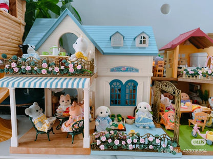 SylvanianFamilies森贝儿家族｜Courtyard Home Gift Set-Floral Cat蓝色度假别墅+丝绸猫套组/玩具/过家家5609