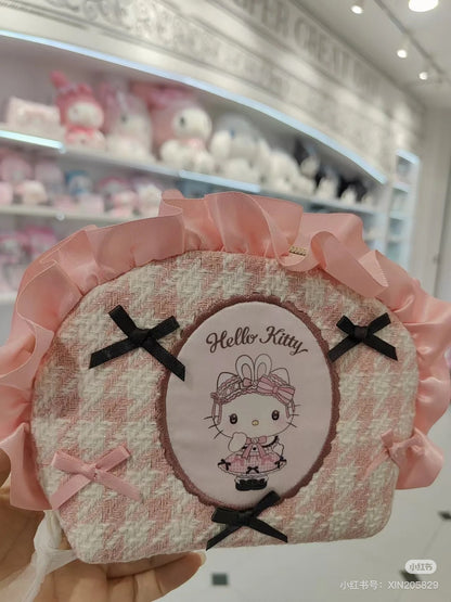 Sanrio三丽鸥｜ Dream Ribbon Pouch梦幻蕾丝蝴蝶结千鸟格女仆地雷系化妆包/收纳包/零钱包｜约 16.5×6×11.5cm