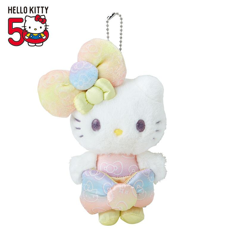 HelloKitty凯蒂猫｜Birthday 50th The Fashionable Ribbons Sanrio 50周年生日限定丝绒彩虹渐变蝴蝶结毛绒玩偶挂件/包挂/眼睛里有星辰｜约幅12×奥行5×高さ16cm
