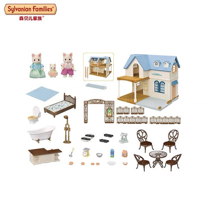 SylvanianFamilies森贝儿家族｜Courtyard Home Gift Set-Floral Cat蓝色度假别墅+丝绸猫套组/玩具/过家家5609