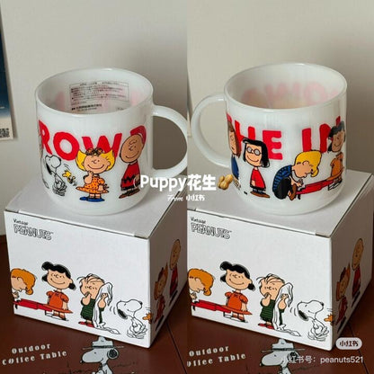 Snoopy史努比｜Peanuts glass mug /Friends Happy Puppy Rainbow快乐朋友彩虹大容量马克杯/水杯/咖啡杯/奶白玻璃质感｜440ml