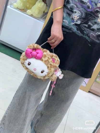 Sanrio三丽鸥｜ Original Face-shaped 2way Pochette / Leopard Bear豹纹熊系列脸型毛绒链条斜挎包｜约19×6×15cm