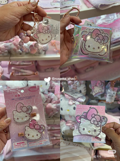 HelloKitty凯蒂猫｜Sticker w/ Pouch Birthday 50th The Fashionable Ribbons Sanrio50周年生日限定PVC镭射/极光透明爱心扣迷你零钱包+贴纸套装｜约W8×D1.5×H7cm