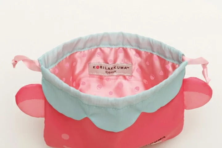 Rilakkuma轻松熊｜草莓日系列布制刺绣草莓熊头束口袋/巾着/内里也可爱｜約210×205mm