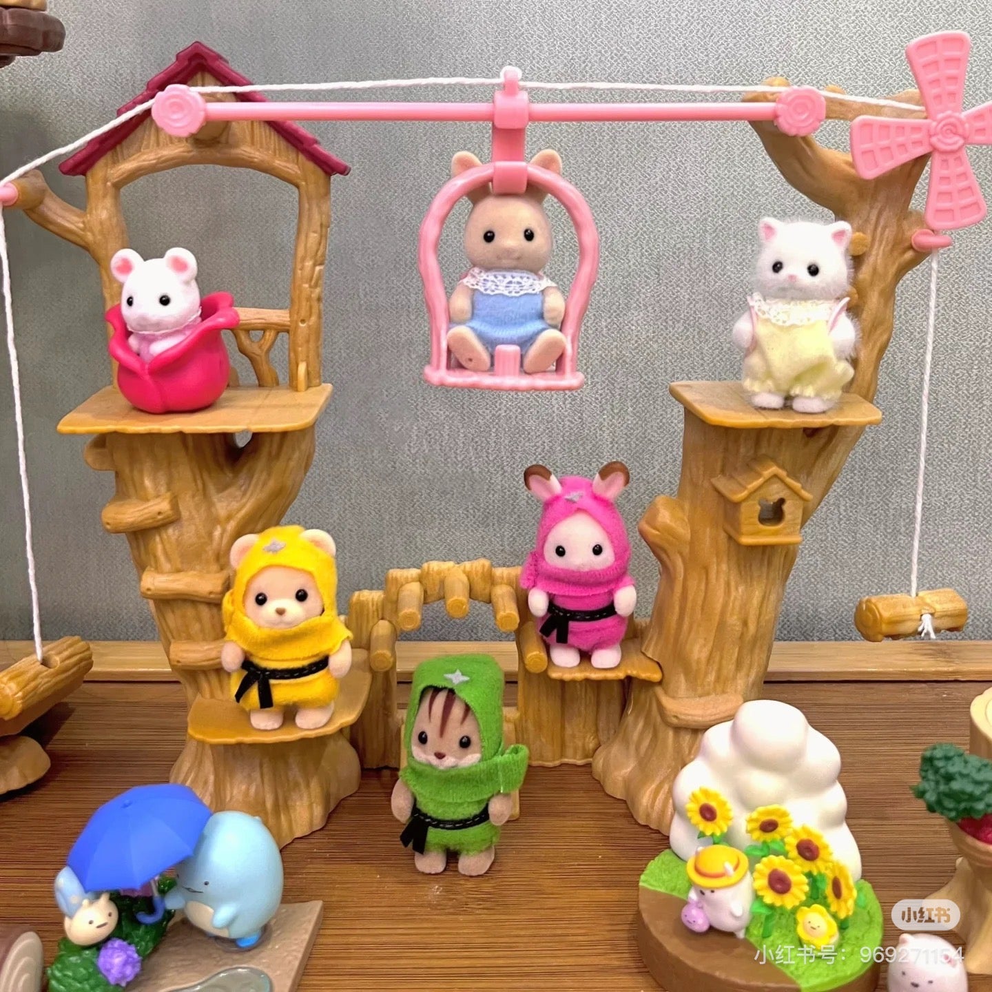 SylvanianFamilies森贝儿家族｜Baby Rope Park-Milk Rabbit Baby探险系列会转动的树屋缆车+牛奶兔宝宝套组/玩具/过家家5452