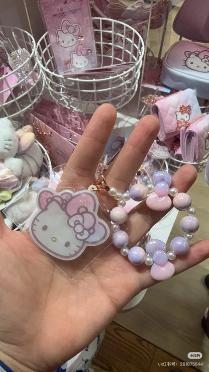 HelloKitty凯蒂猫｜Keychain Key Holder Birthday 50th Fashionable Ribbons Sanrio50周年生日限定彩虹渐变偏光色蝴蝶结串珠+珍珠贝母脸型吊饰钥匙扣/挂件｜约W7×D0.5×H7cm