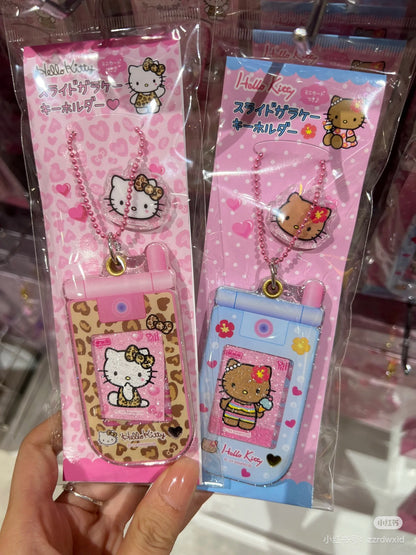 Hello Kitty凯蒂猫｜ Sanrio Slide Flip Phone Keychain/ Gogo Gal Collection Leopard Pink怀旧复古辣妹系列翻盖手机造型钥匙扣挂件/包挂｜约4.5×0.7×9cm