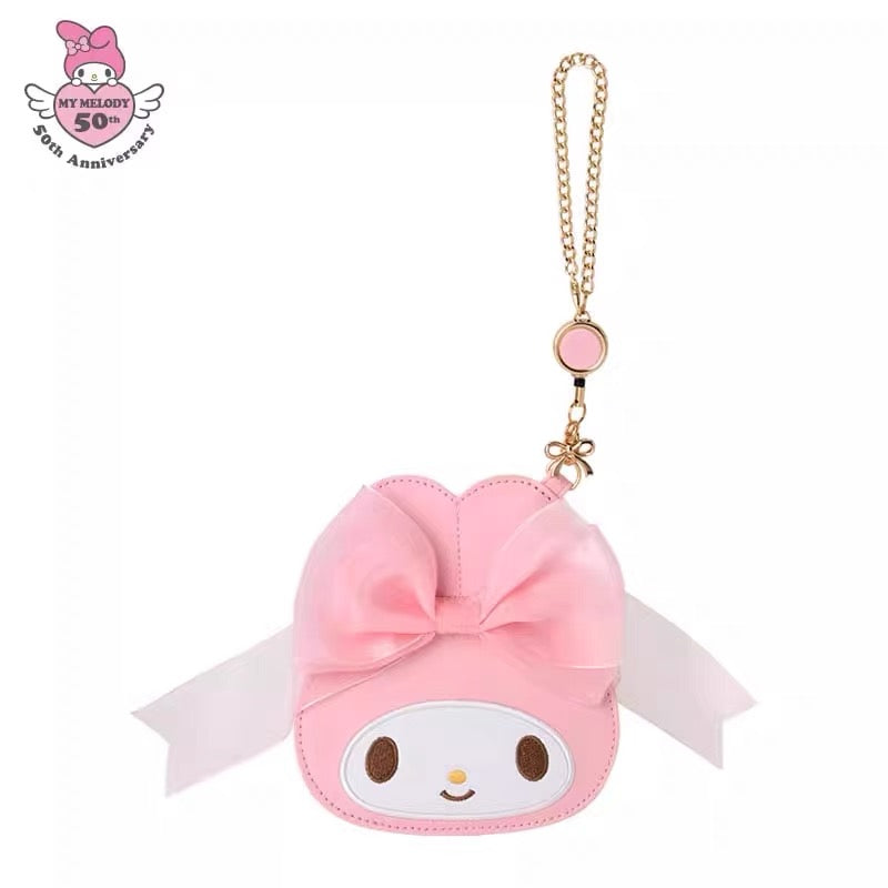 Sanrio三丽鸥｜My Melody Birthday 50th Anniversary Princess Ribbon Pass Case美乐蒂50周年生日粉桃甜心系列脸型可伸缩皮质感卡包/包挂｜约1.6 x 14.5 x 13.0cm