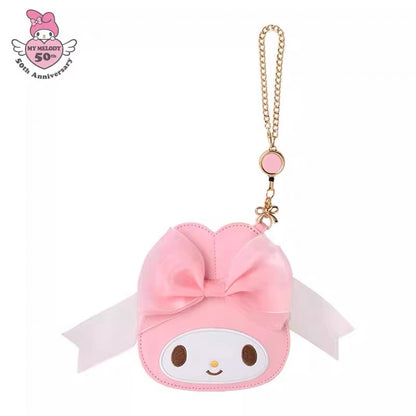 Sanrio三丽鸥｜My Melody Birthday 50th Anniversary Princess Ribbon Pass Case美乐蒂50周年生日粉桃甜心系列脸型可伸缩皮质感卡包/包挂｜约1.6 x 14.5 x 13.0cm
