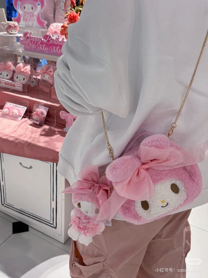 Sanrio三丽鸥｜My Melody Birthday 50th Anniversary Princess Ribbon Shoulder Bag美乐蒂50周年生日粉桃甜心系列脸型毛毛茸茸斜挎包/链条包/蝴蝶结钥匙扣｜约幅22×奥行11×高さ20cm
